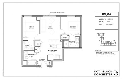 Floor plan for 2 beds, 2 baths, 822 sqft